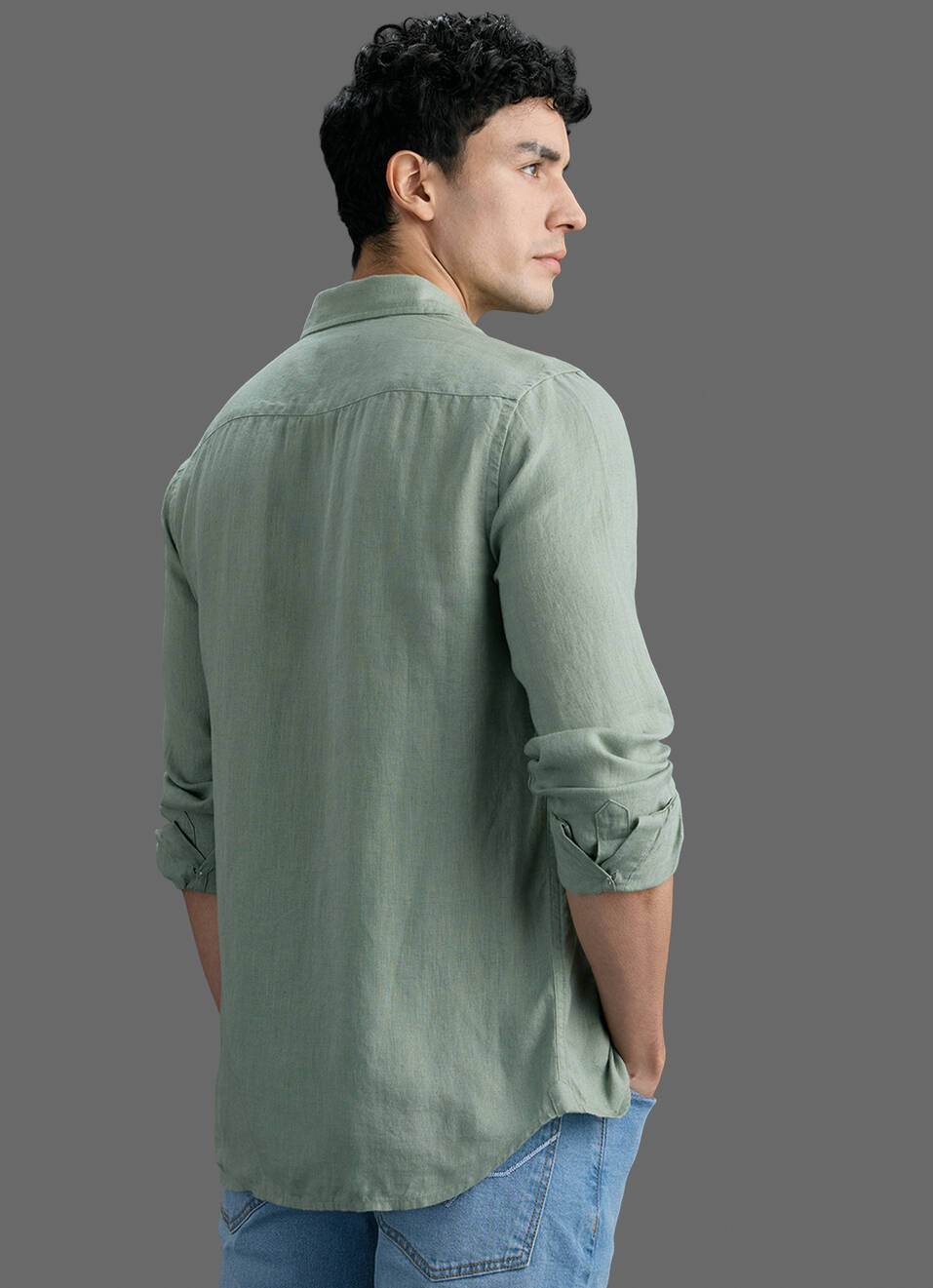 Men Light Green Solid Pure Linen Long Sleeve Shirt, , large image number 6