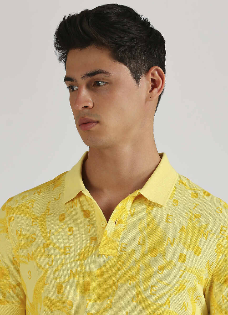 Yellow Typographic Print Pique Short Sleeve Polo, , large image number 4