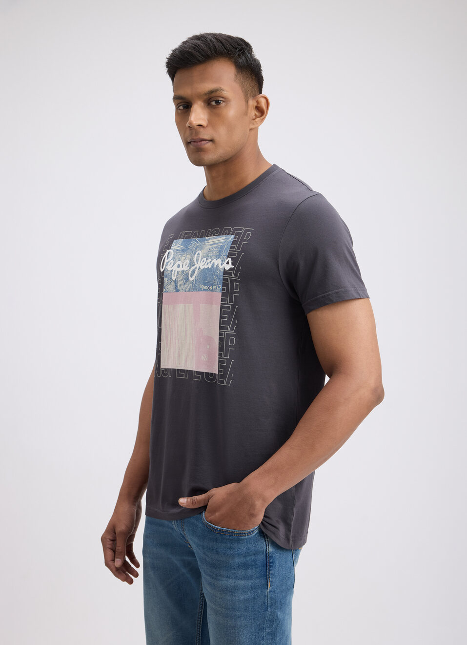 Men Grey Photographic Print Short Sleeve T-shirt, , large image number 3