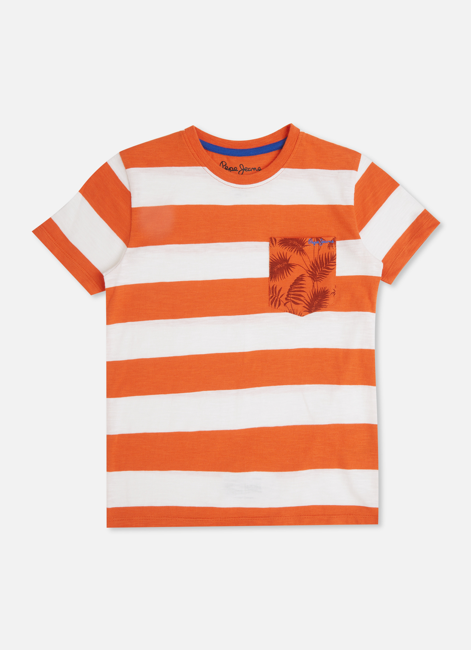 Boys Orange Stripes Tropical Aop Print Pocket T-shirt, , large image number 0