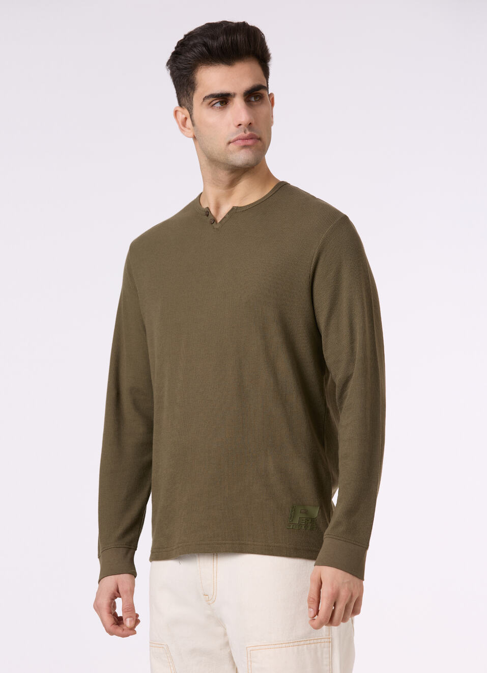 Men Leaf Green Henley Neck Full Sleeve T-shirt, , large image number 3