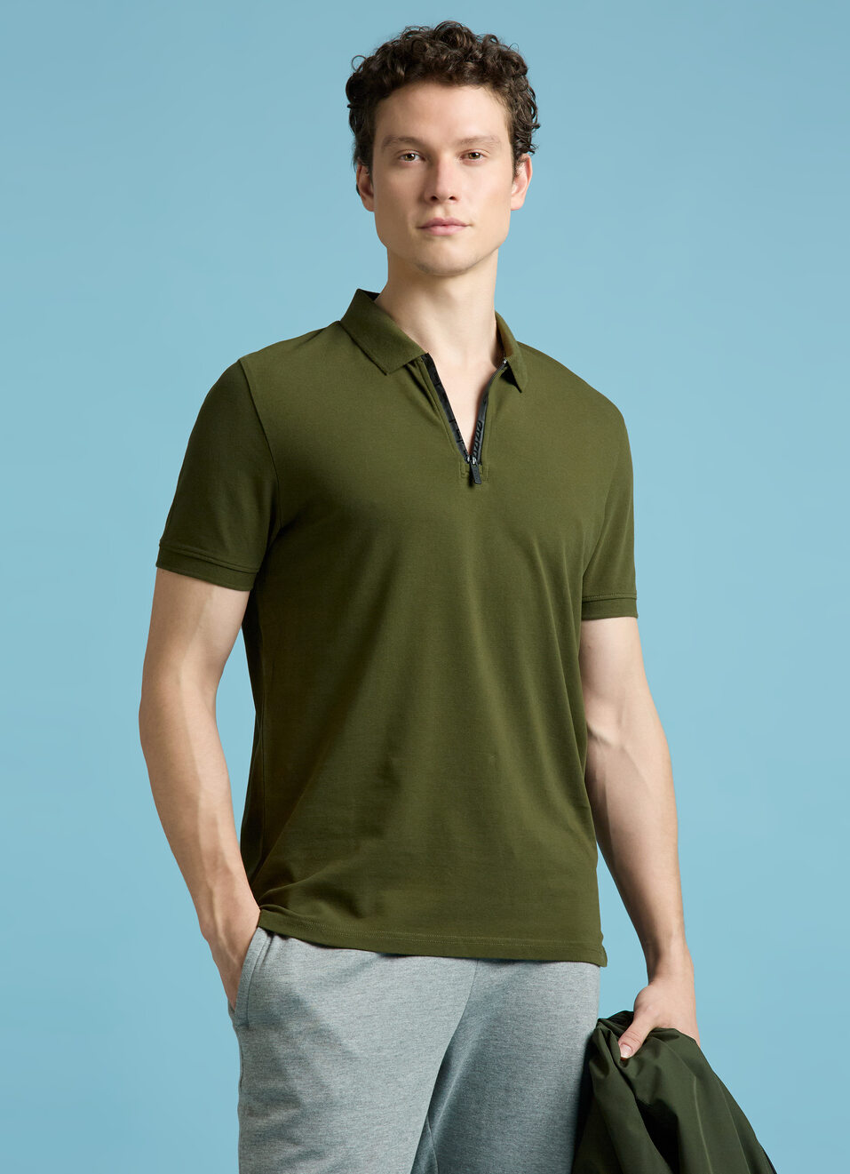Olive Short Sleeves Zipper Stretch Polo, , large image number 0