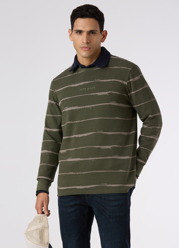 Men Olive Green Slim Fit Striped Full Sleeve T-shirt