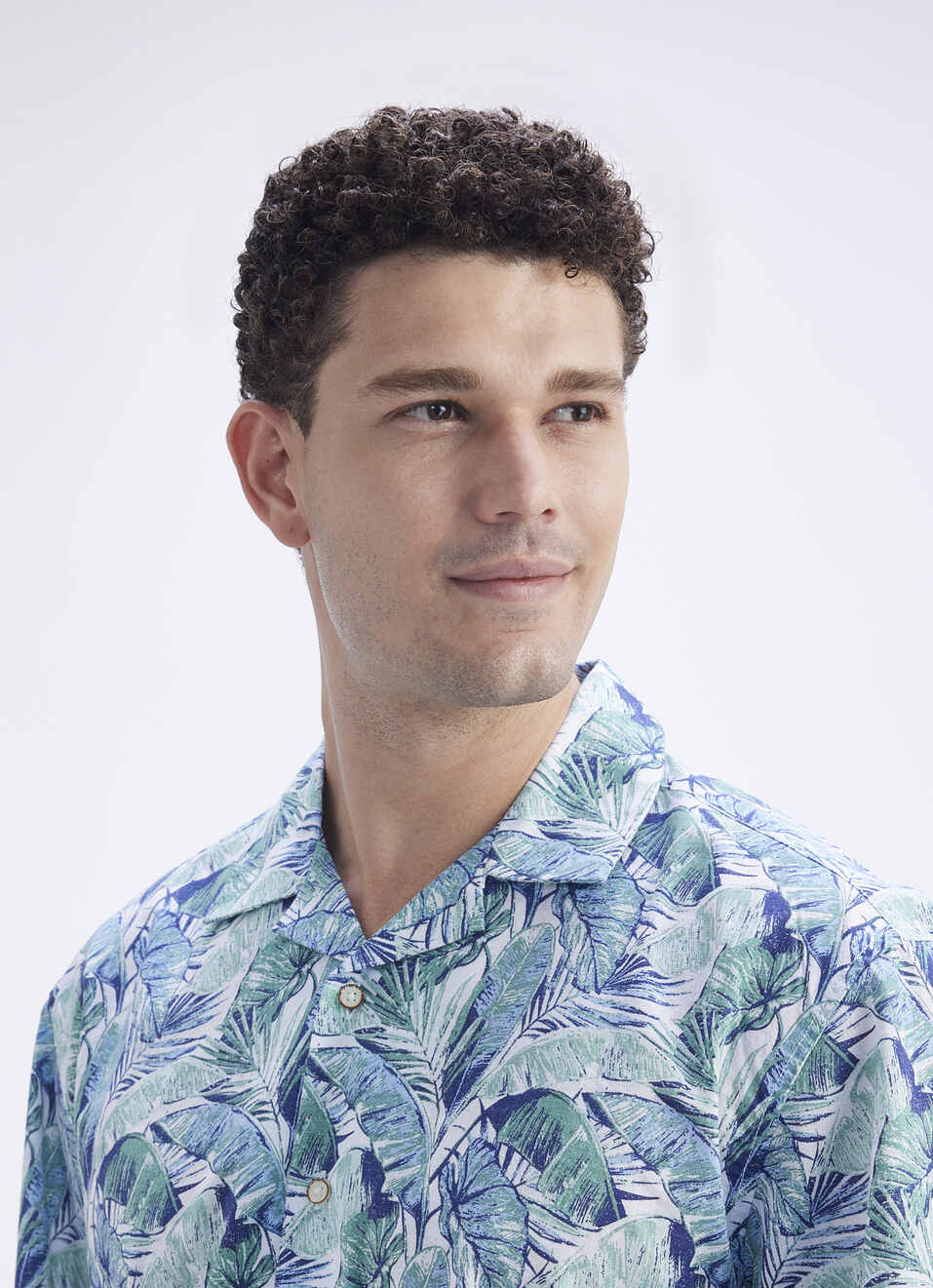 Men Green Resort Collar Tropical Leaf Print Short Sleeve Shirt, , large image number 4