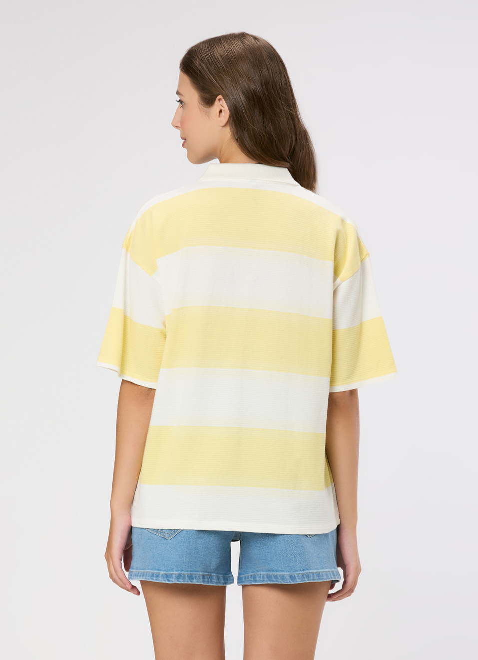 Women Yellow Striped Polo Collar T-shirt, , large image number 2