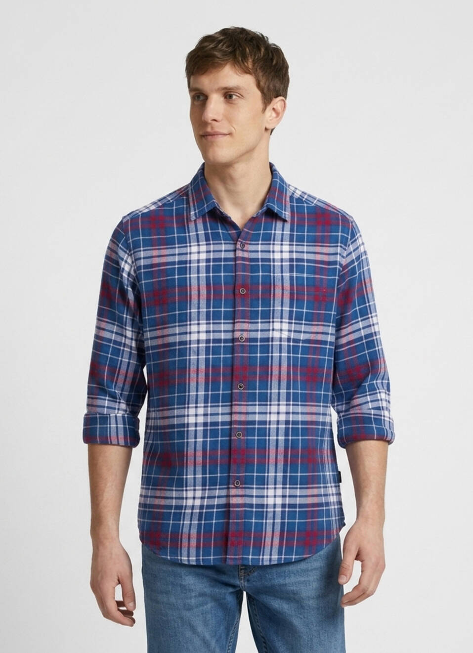 Men Blue Checked Brushed Long Sleeve Shirt, , large image number 1