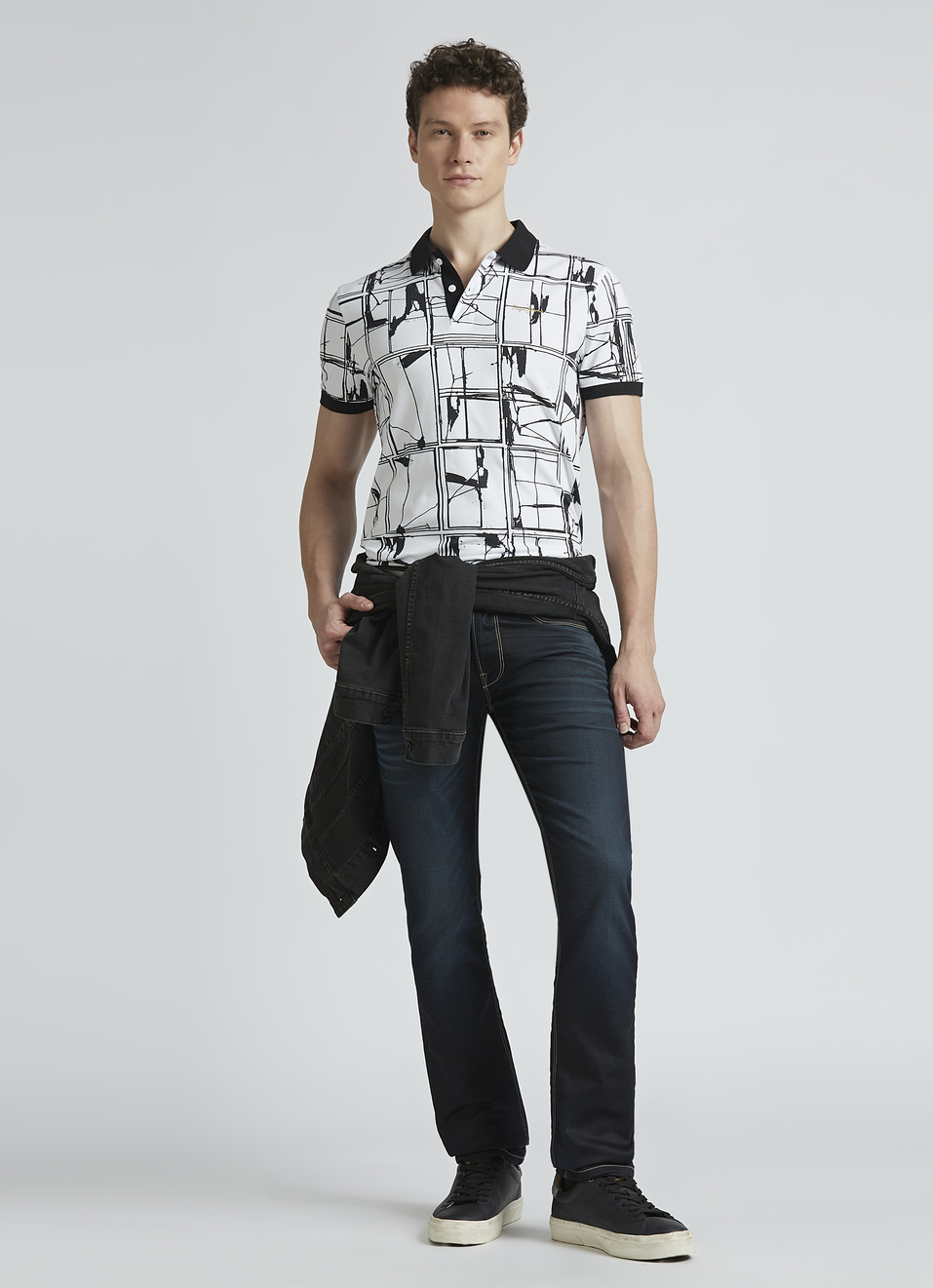 Black Abstract Print Short Sleeve Polo, , large image number 5