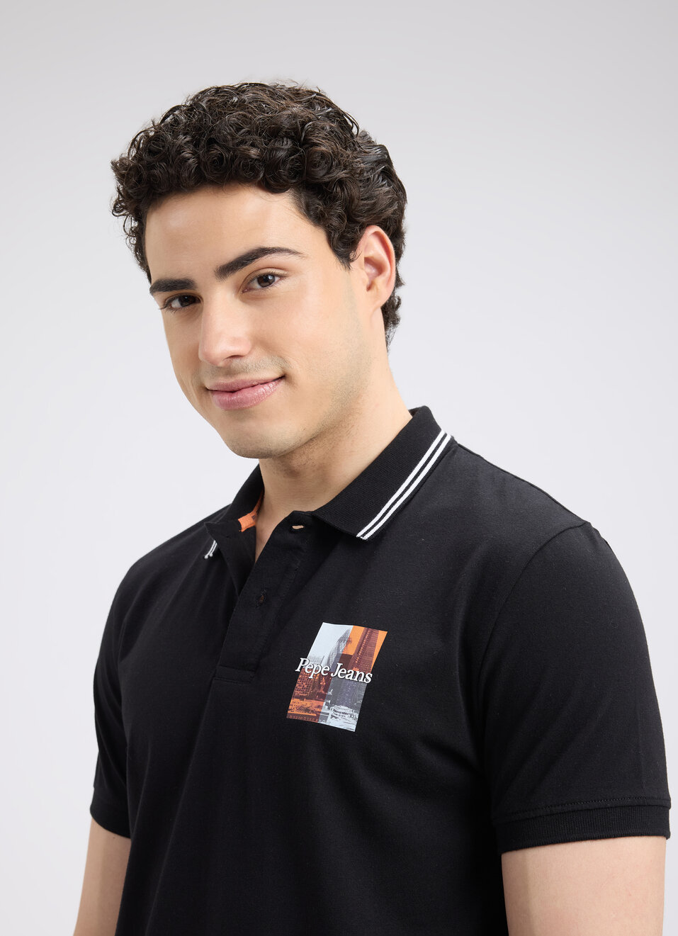 Men Black Photographic Print Short Sleeve Stretch Polo, , large image number 4