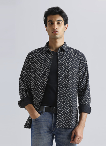 Black Leaf Print Full Sleeve Shirt