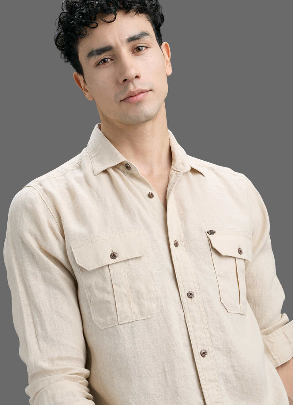 Men Beige Solid Pure Linen Safari Long Sleeve Shirt, , large image number 4