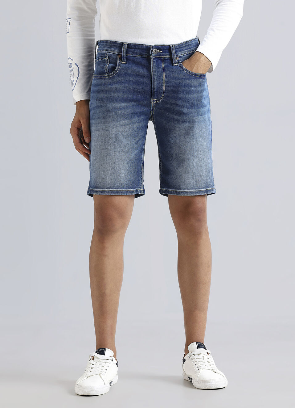 Chinox Blue Mid Waist Denim Shorts, , large image number 2
