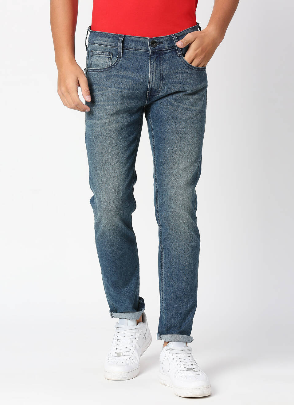 TAPERED VAPOUR Low Rise Jeans, Med Blue Denim, , large image number 0