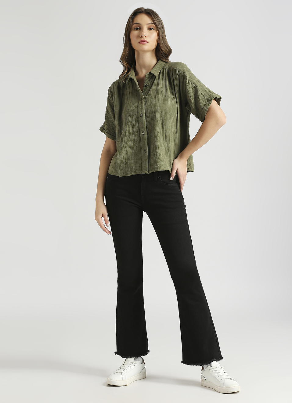 Olive Front Yoke Extended Shoulder Shirt, , large image number 5