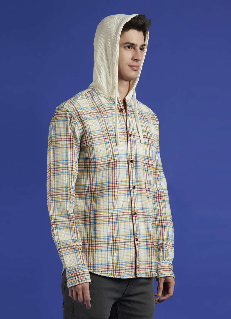 Ecru Check Full Sleeve Hooded Shirt, , large image number 3