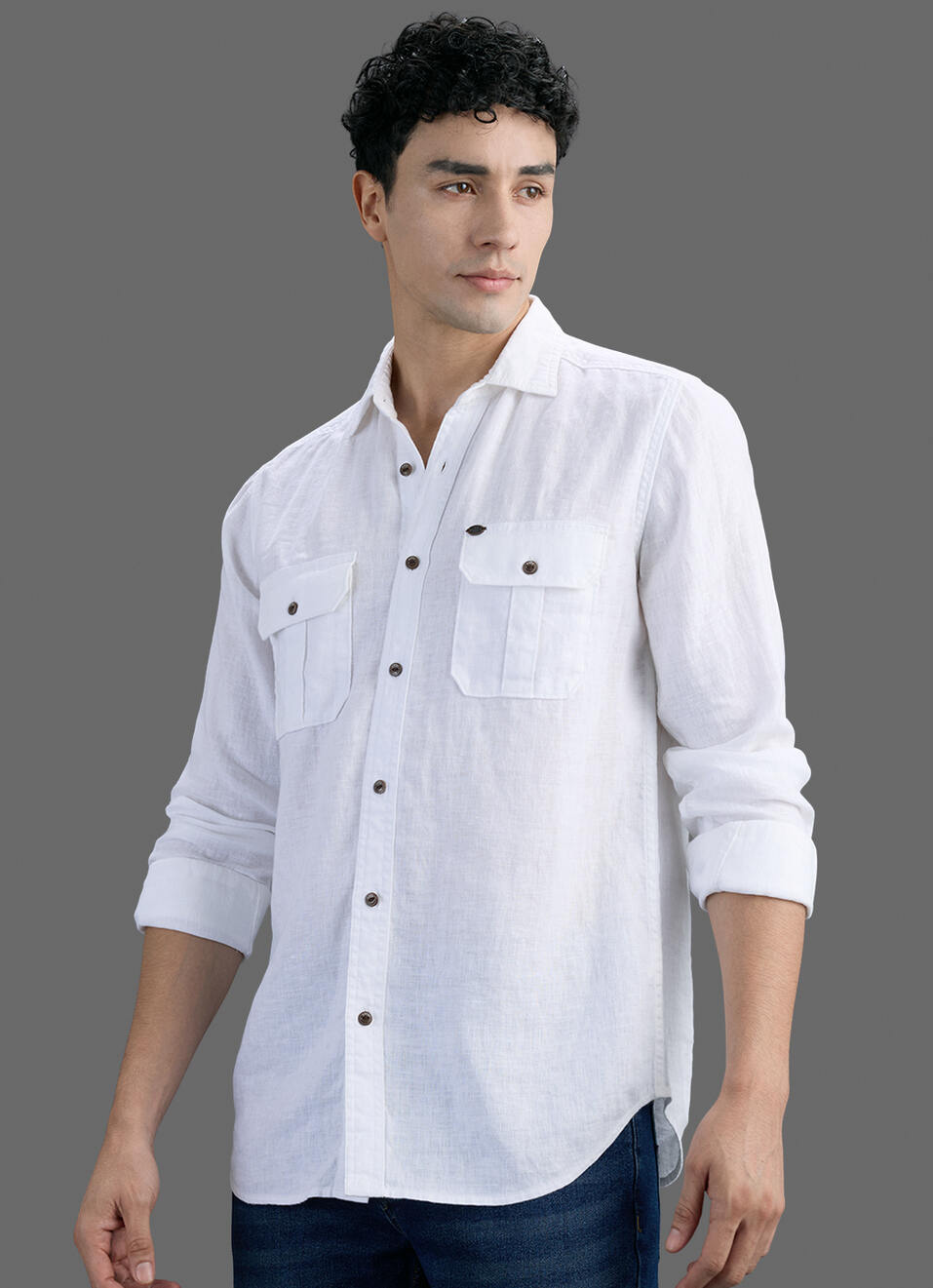Men White Solid Pure Linen Safari Long Sleeve Shirt, , large image number 7