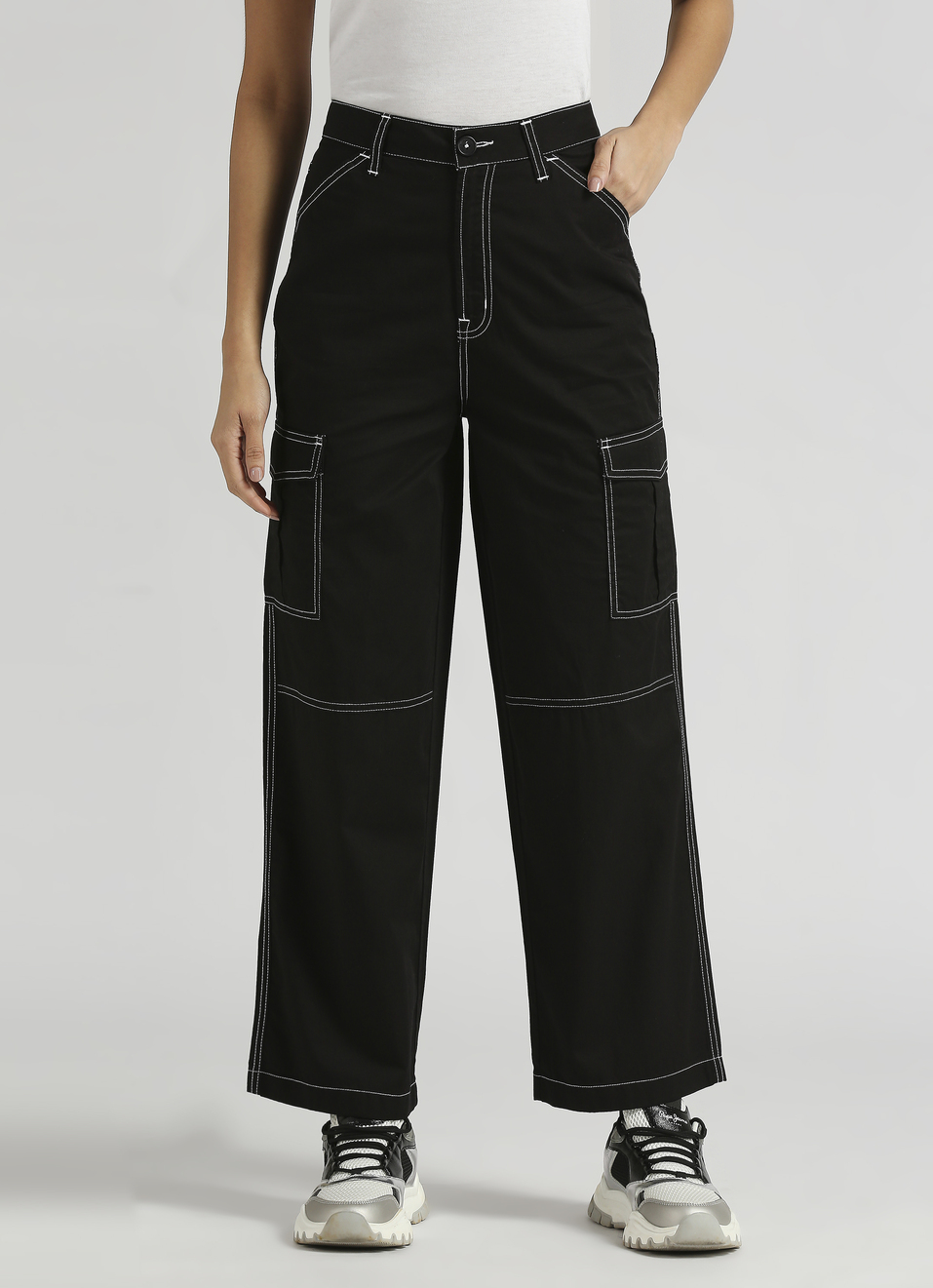 Jet Black High Waist Loose Fit Pants, , large image number 1