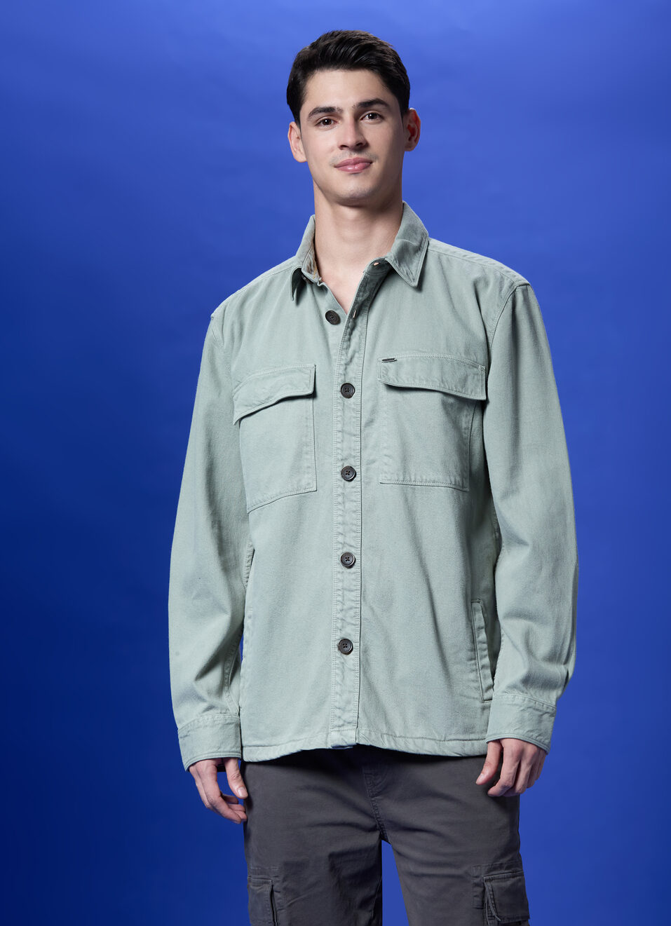 Green Oversized Full-sleeve Denim Shirt, , large image number 1