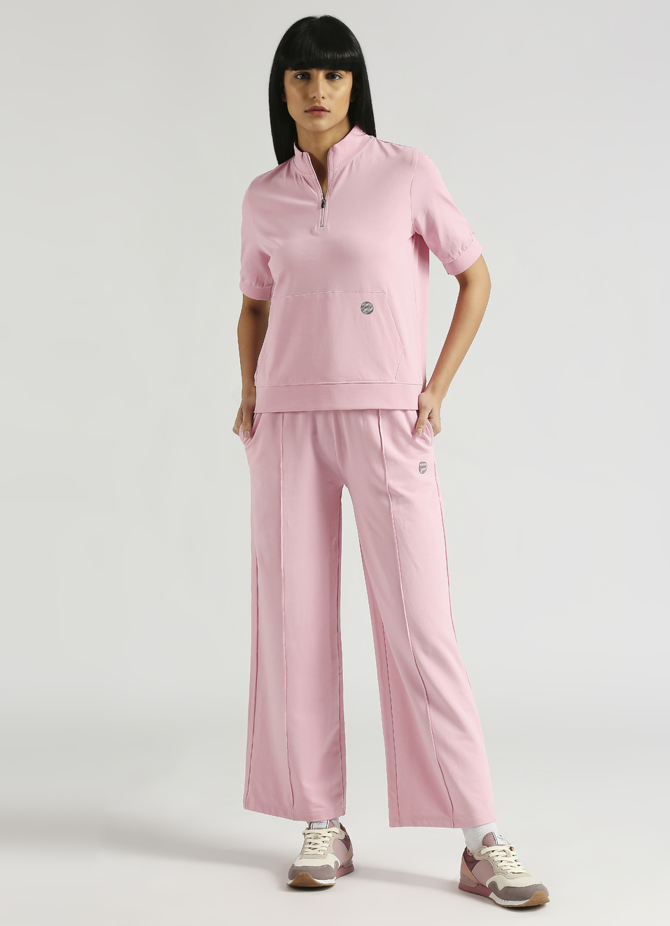 Pink Reflective Print Kangaroo Pocket Puff Sleeve T-shirt, , large image number 5