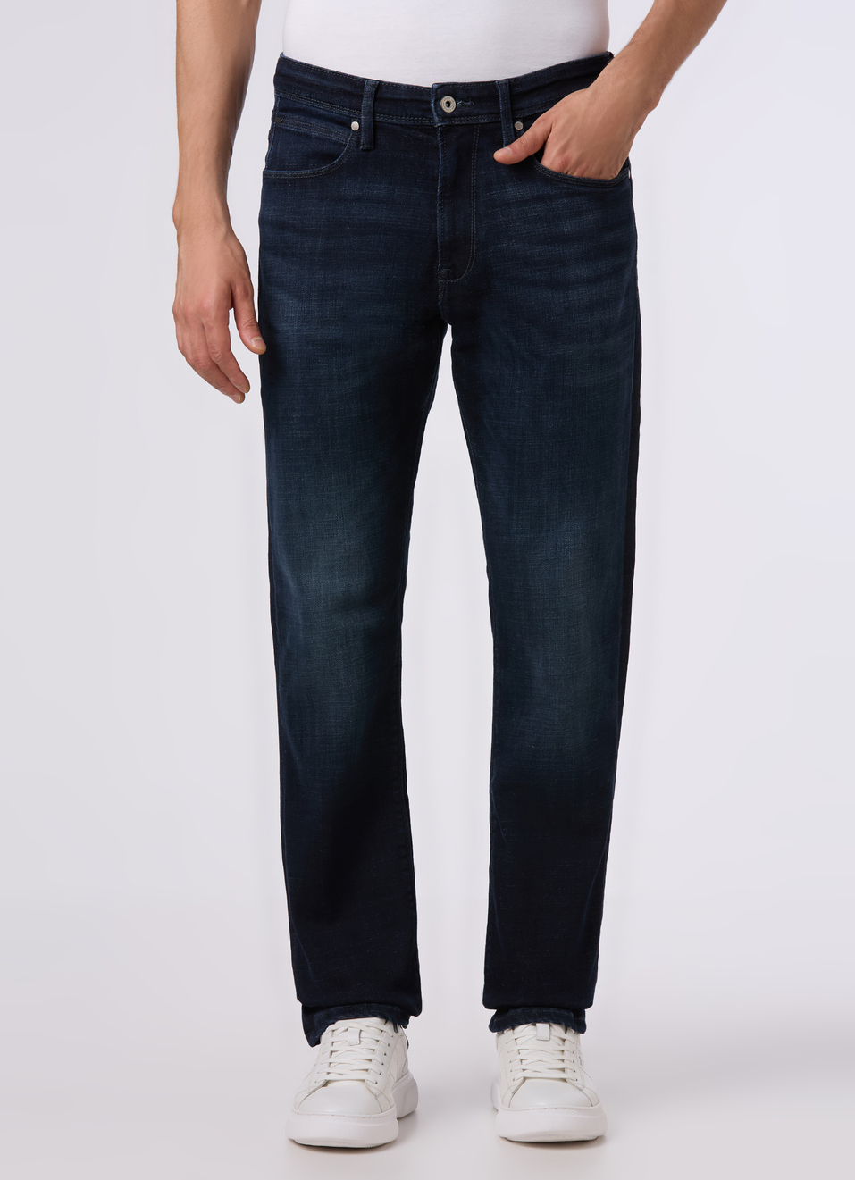 Men Dark Blue Mid Rise Straight Fit Powerflex Jeans, , large image number 1