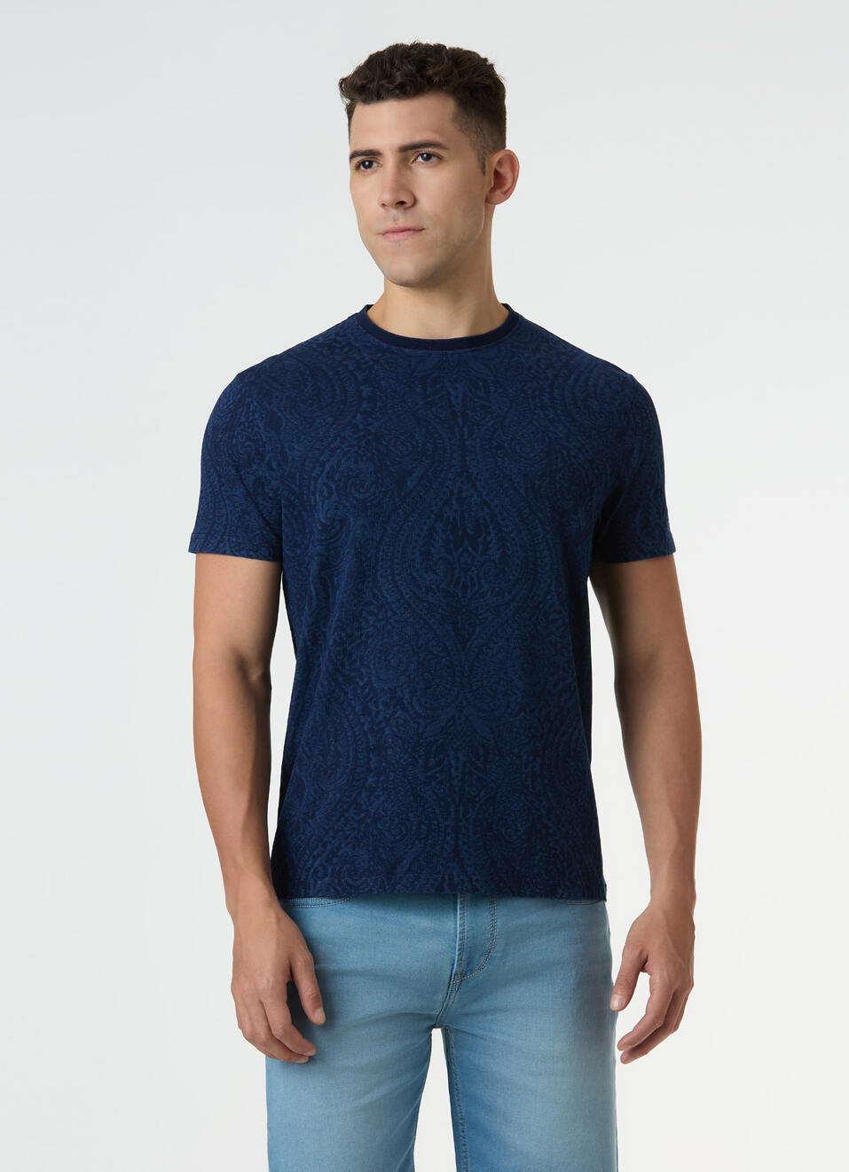Men Blue Damask Print Short Sleeve T-shirt, , large image number 1