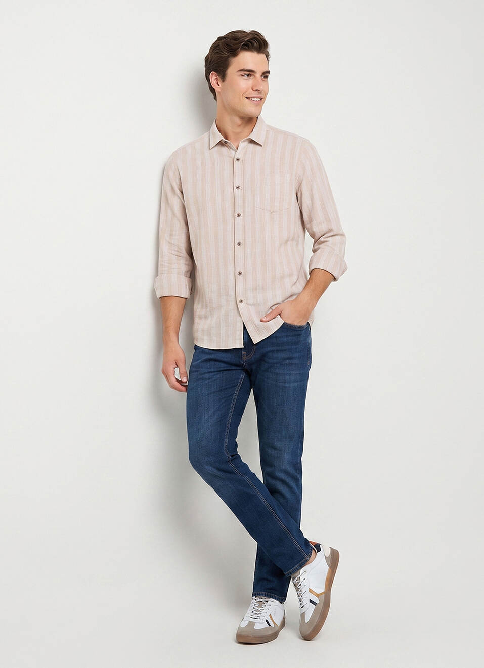 Men Beige Striped Dobby Long Sleeve Shirt, , large image number 5