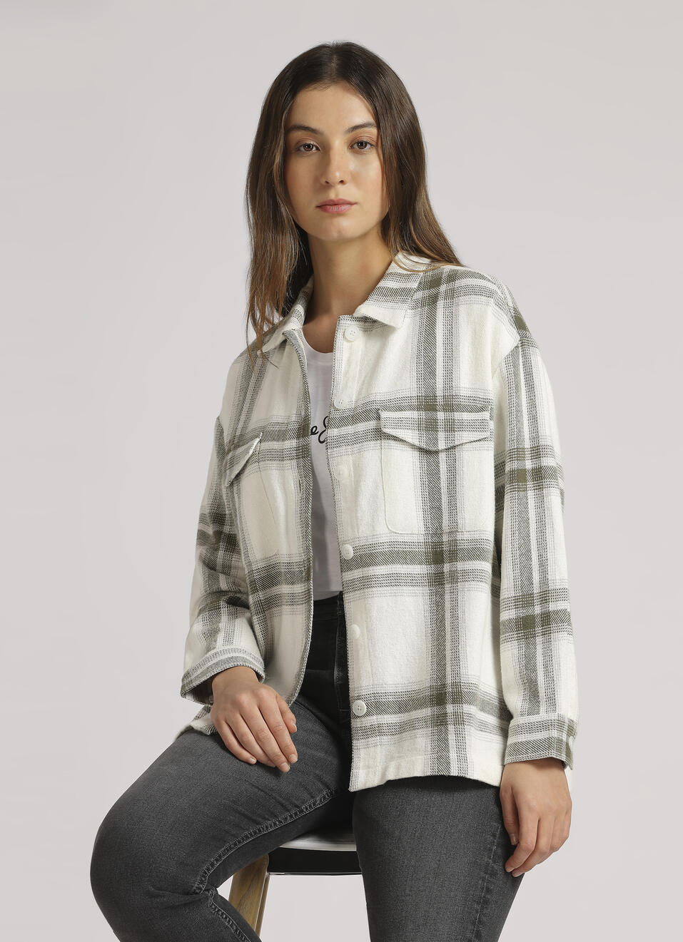 White Oversized Check Full Sleeve Shirt, , large image number 0