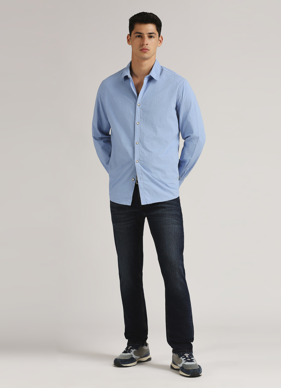 Blue Seersucker Narrow Stripes Long Sleeve Shirt, , large image number 5