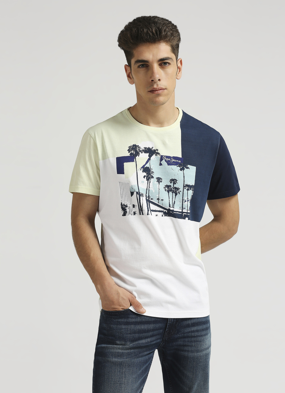 Green Tropical Print Colour Blocked Short Sleeve T-shirt, , large image number 0