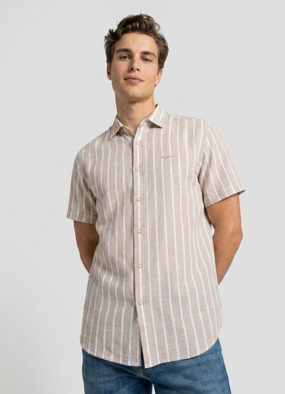 Men Beige Striped Cotton Slub Short Sleeve Shirt, , large image number 1