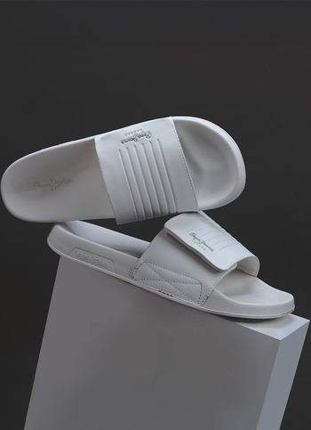 Men White Solid Velcro Strap Slides