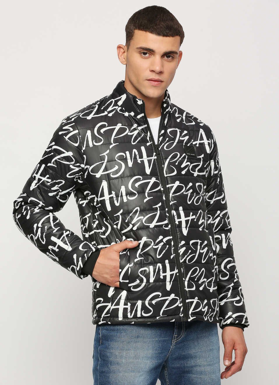Black Typographic Printed Puffer Jacket, , large image number 0