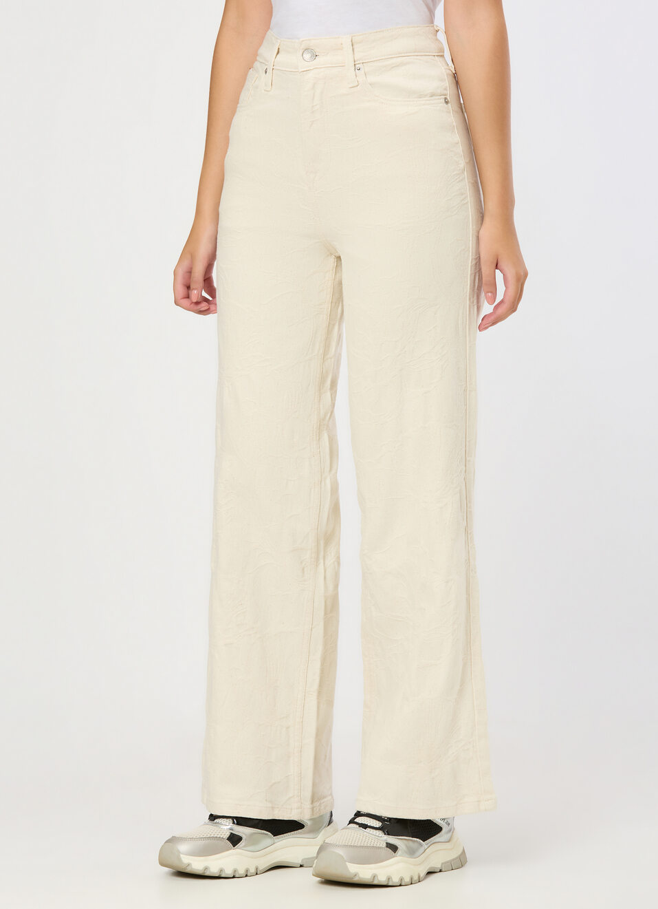 Women Ecru Floral Jacquard Wide Leg Jeans, , large image number 3
