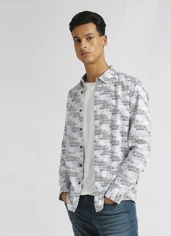 Grey All Over Print Twill Long Sleeve Shirt