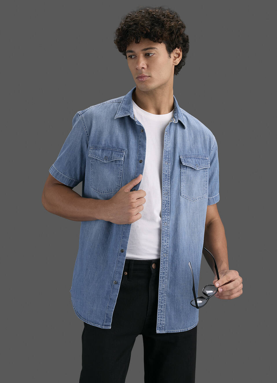 Men Blue Short Sleeve Denim Shirt, , large image number 0