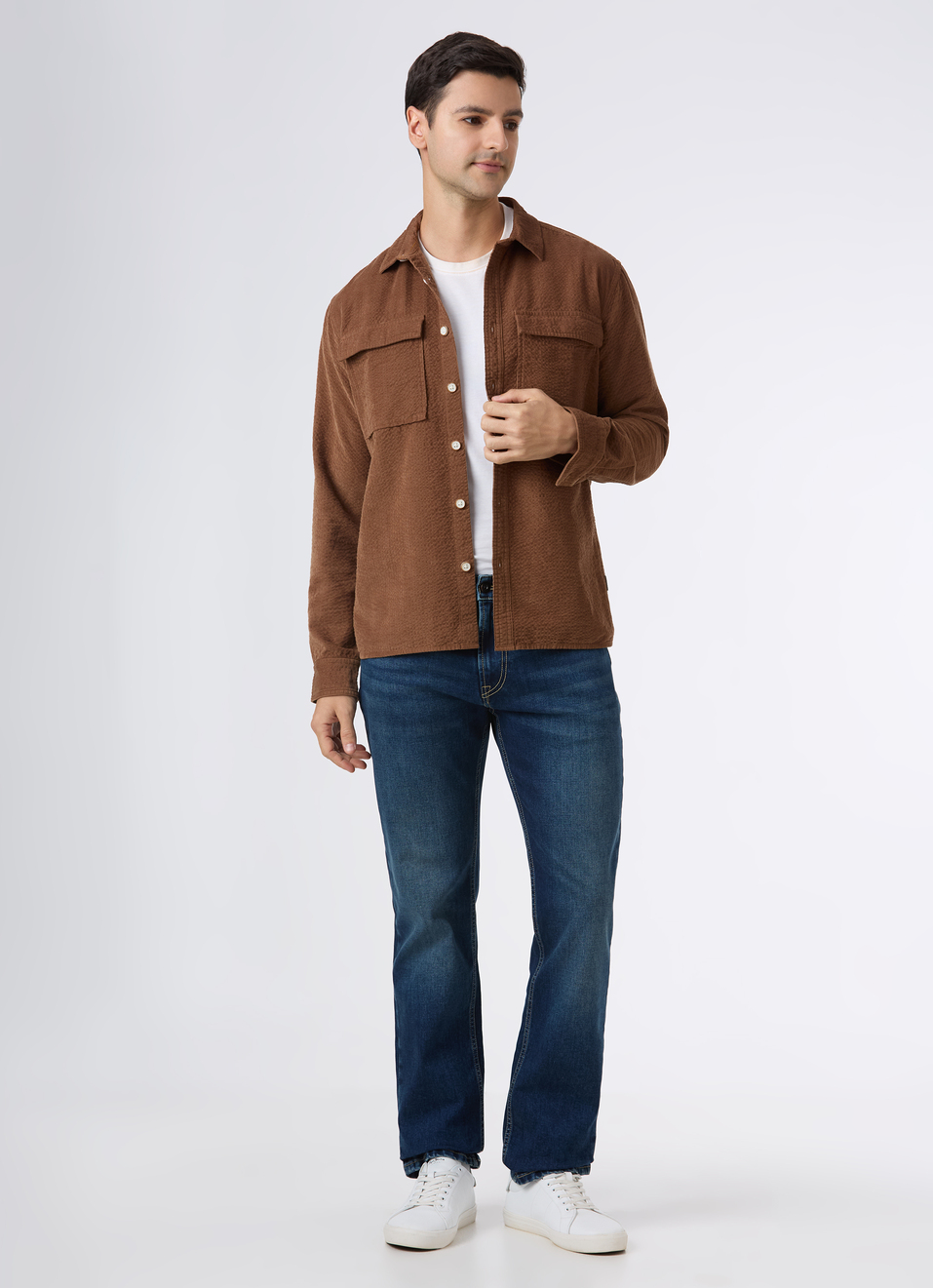 Men Brown Textured Shirt With Dual Flap Pocket, , large image number 5