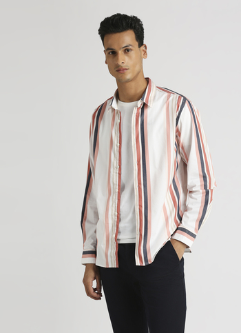 Peach Yarn Dyed Stripes Premium Stretch Long Sleeve Shirt