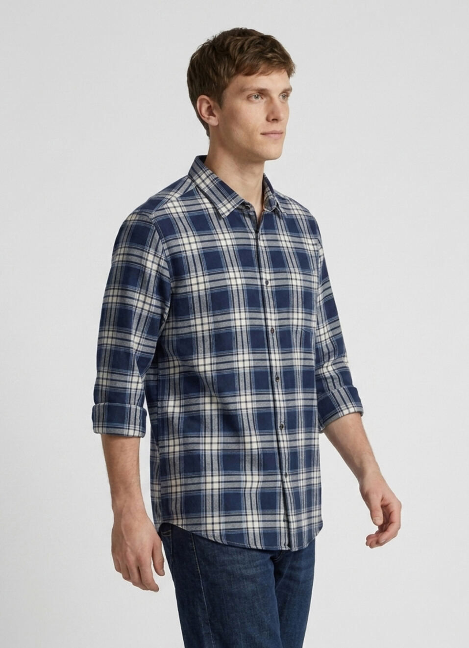 Men Blue Checked Herringbone Long Sleeve Shirt, , large image number 3