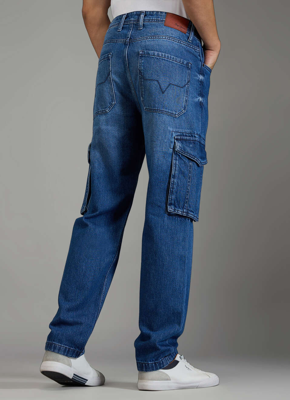 Men Blue Medium Dark Used Straight Fit Mid Rise Cargo Jeans, , large image number 3