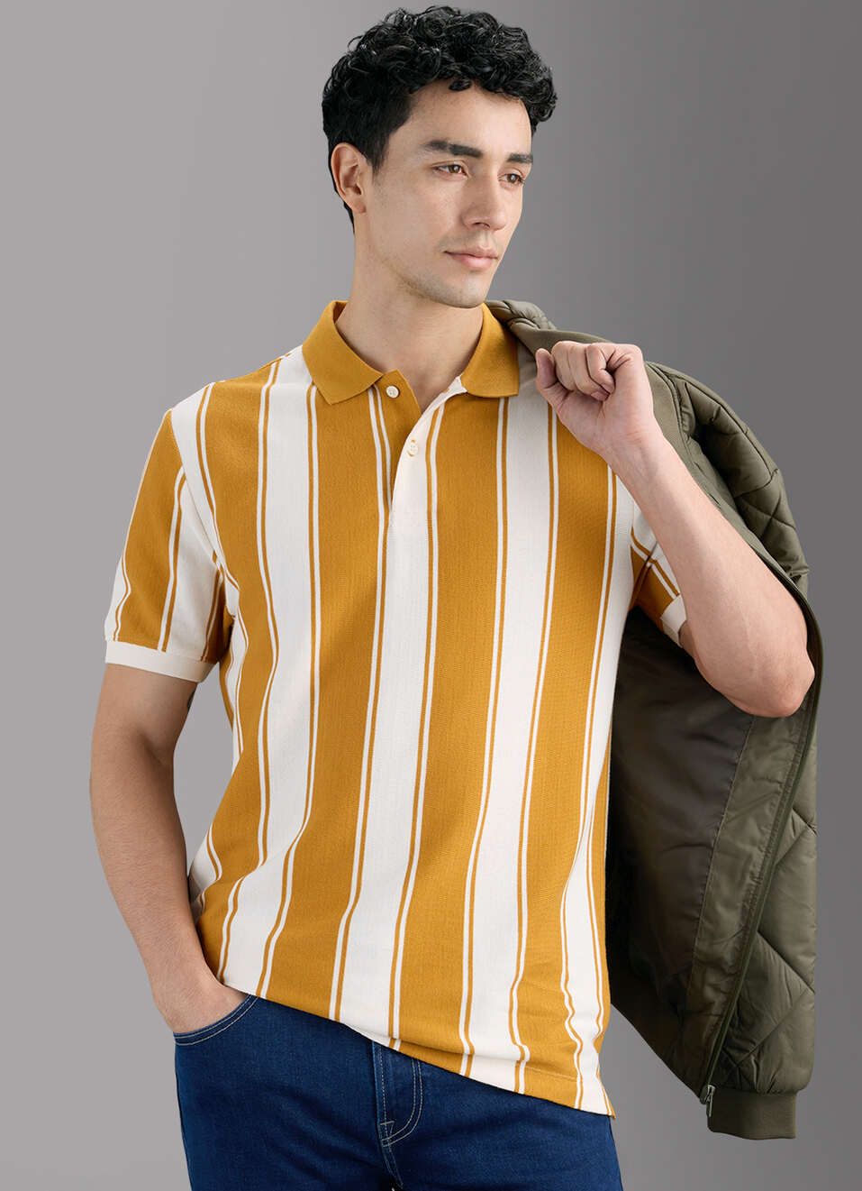Men Brown Striped Polo T-shirt, , large image number 0