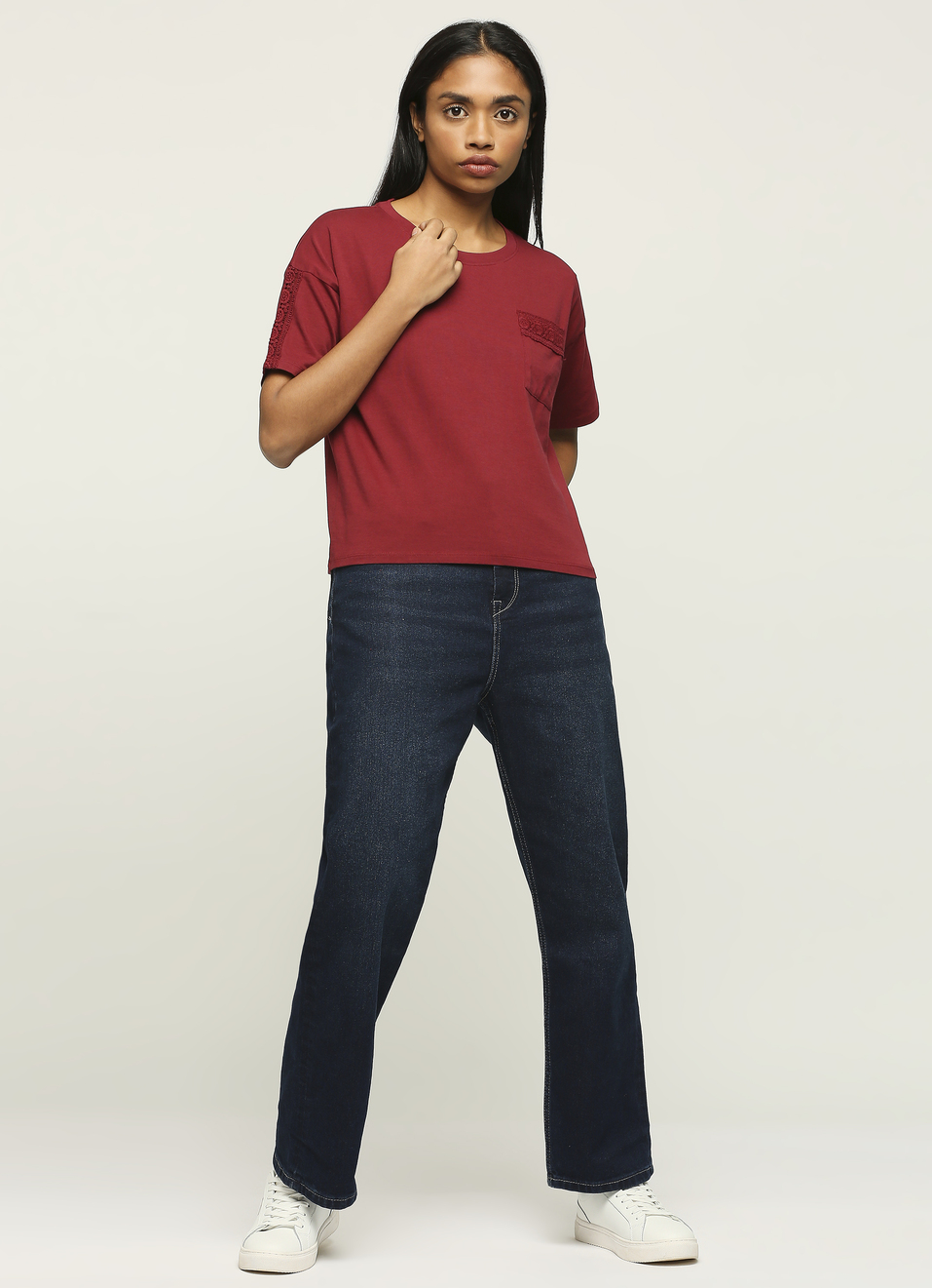 Burgundy Round Neck Short Sleeve T-shirt, , large image number 5