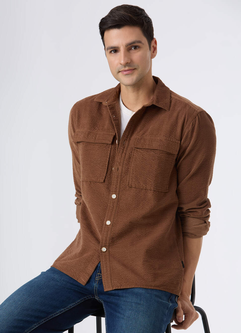 Men Brown Textured Shirt With Dual Flap Pocket, , large image number 0