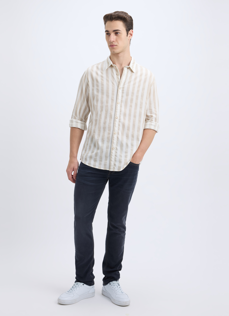 Men Beige Stripe Full Sleeve Shirt, , large image number 5