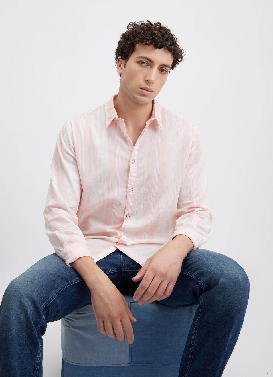 Men Peach  Vertical Stripe Full Sleeve Shirt, , large image number 0