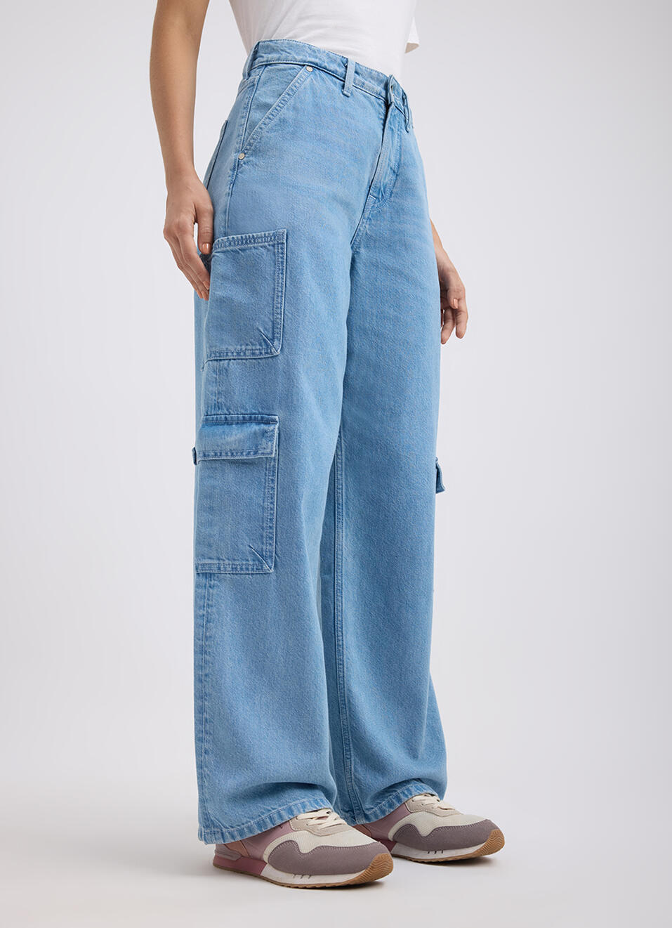 Women Blue Straight Fit High Rise Cargo Jeans, , large image number 3