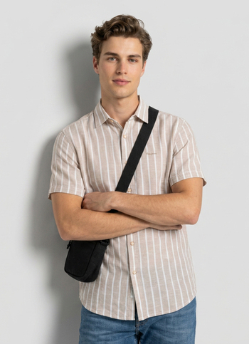Men Beige Striped Cotton Slub Short Sleeve Shirt