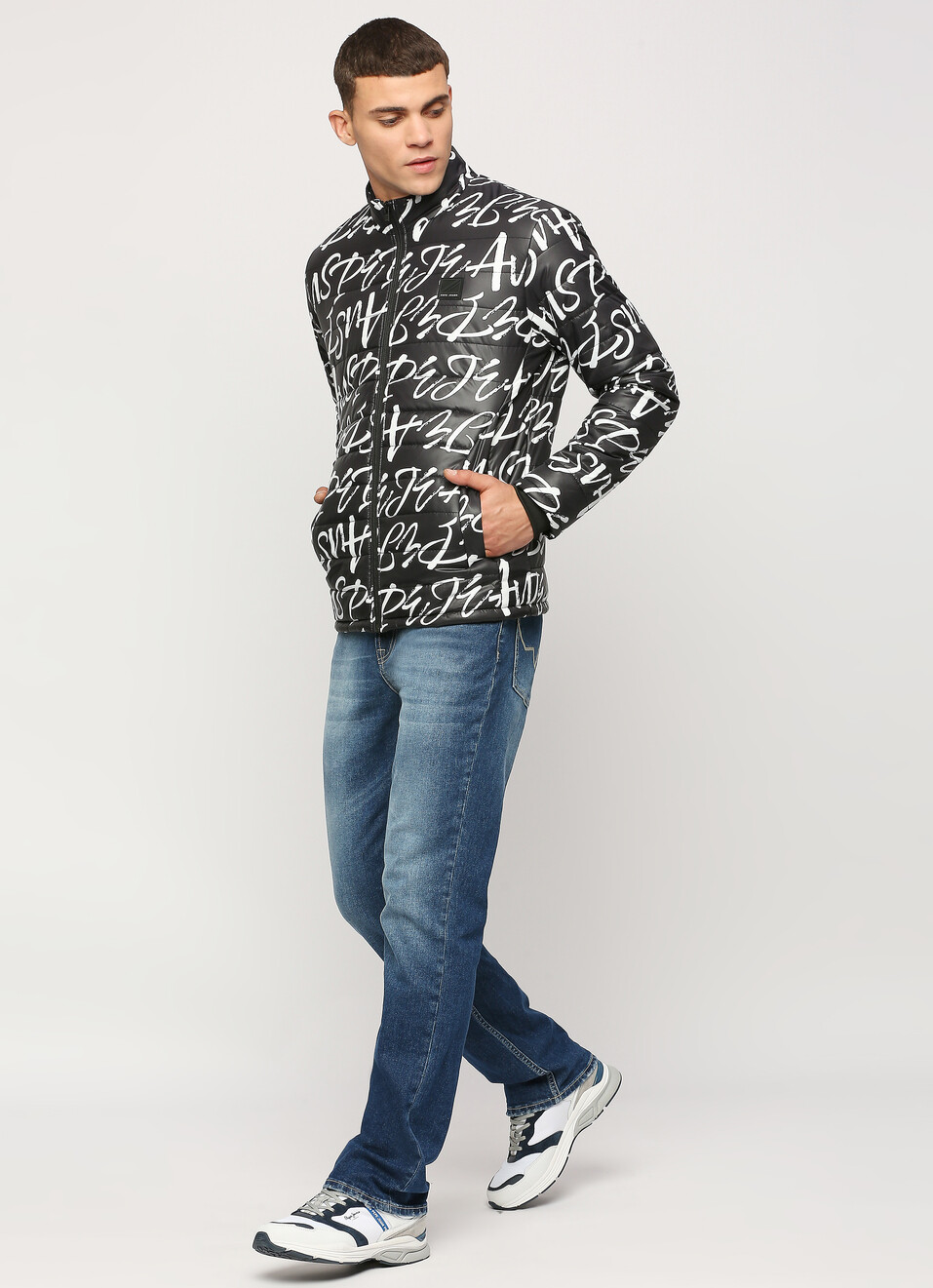 Black Typographic Printed Puffer Jacket, , large image number 6