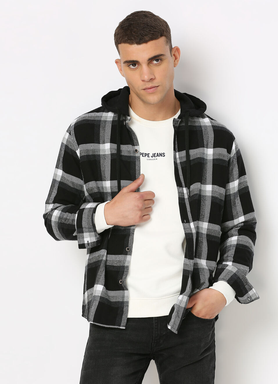 Black Checks Long Sleeve Hooded Shirt, , large image number 0