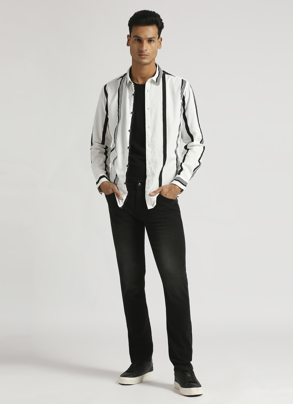 White Narrow Stripes Twill Long Sleeve Shirt, , large image number 5