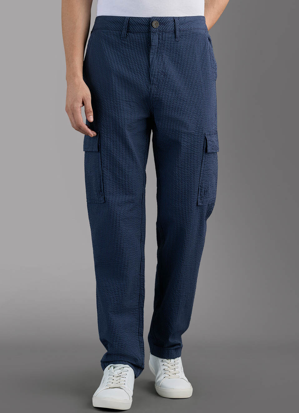 Men Navy Striped Mid Rise Cargo Pants, , large image number 2