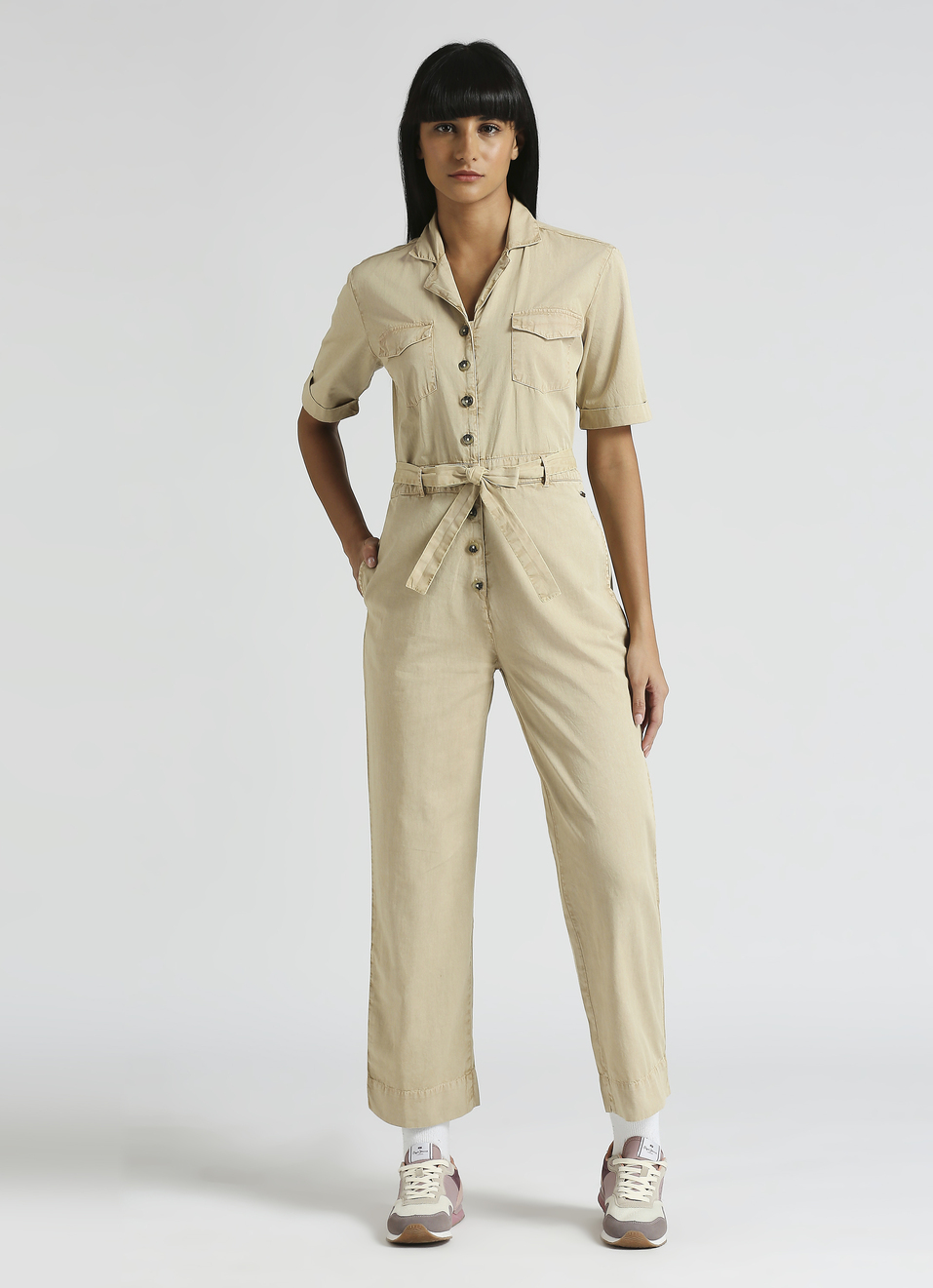 Beige Lapel Collar Short Sleeve Jumpsuit, , large image number 1